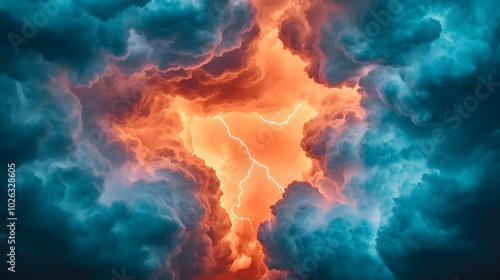 A dramatic sky filled with vibrant orange lightning illuminating dark, swirling clouds, creating a captivating and powerful atmosphere.