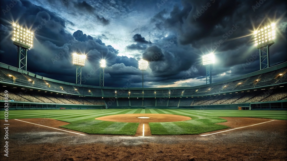 Mysterious baseball field with dark clouds and stadium lights at a tilted angle Mysterious baseball field with dark clouds and stadium lights at a tilted angle
