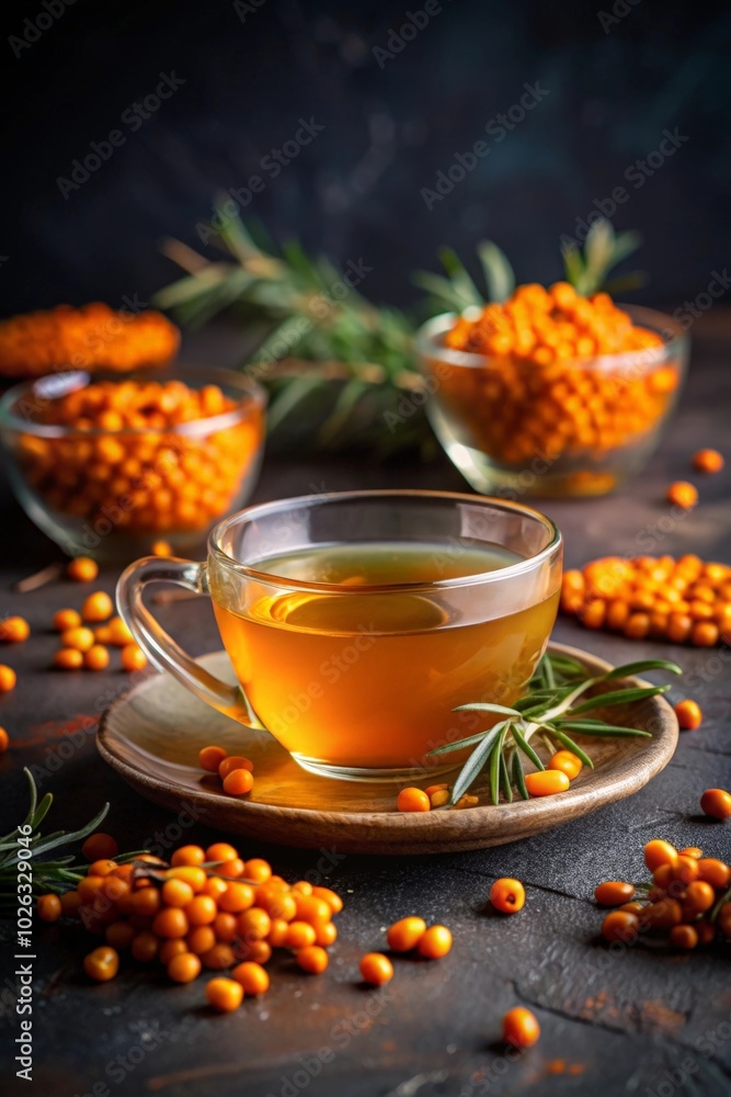 Sea buckthorn tea in transparent glass cup Sea buckthorn tea in transparent glass cup