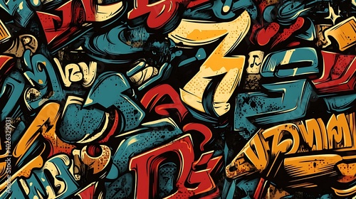 A seamless graffiti pattern blending bold graffiti letters and numbers in various styles, with vivid colors and dynamic brushstrokes, layered on a gritty city wall,