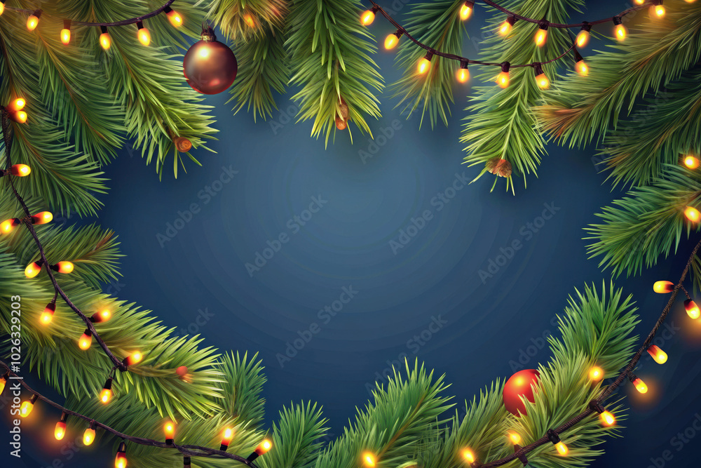 Christmas tree branches with string lights on dark blue background Christmas tree branches with string lights on dark blue background