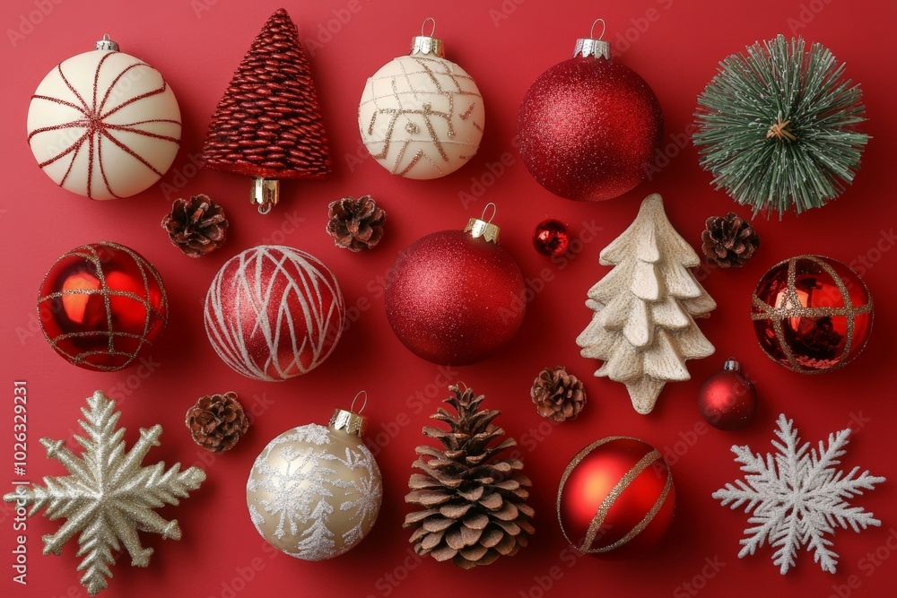 Creative arrangement of Christmas decoration on red background. Holiday concept. Flat lay. Creative arrangement of Christmas decoration on red background. Holiday concept. Flat lay.