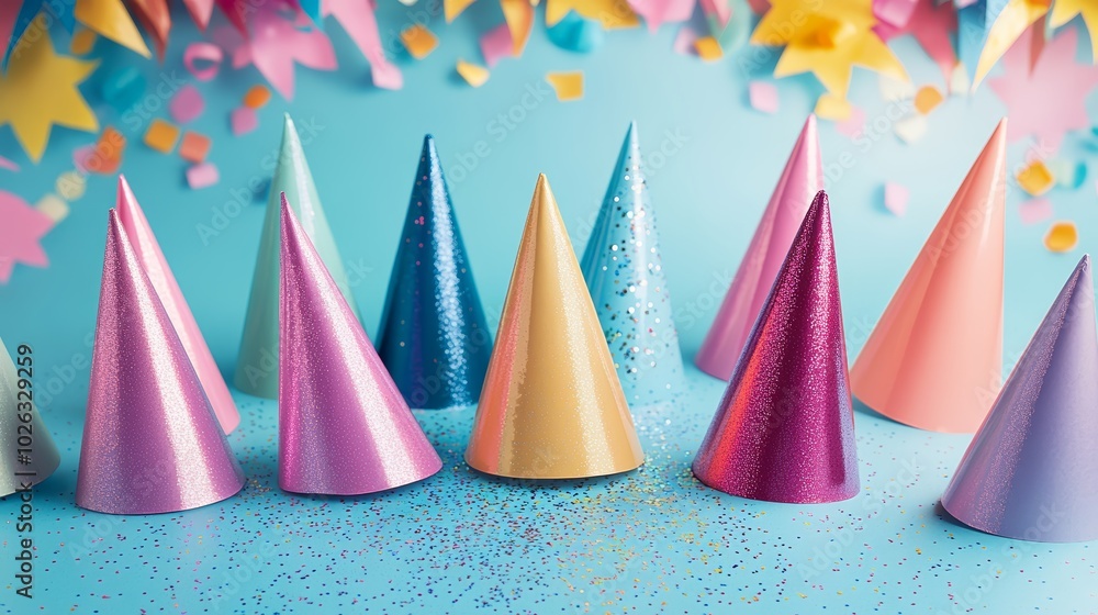 Obraz premium Colorful party hats arranged artistically on a vibrant background.