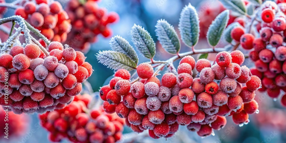 Panoramic view of frost-covered bright red mountain ash berries Panoramic view of frost-covered bright red mountain ash berries