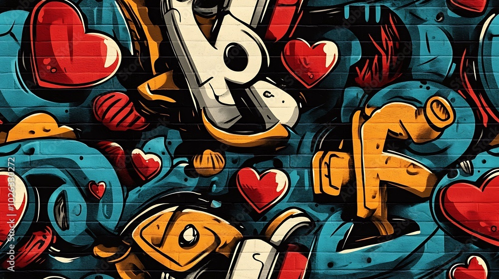 Fototapeta premium A seamless graffiti pattern blending hearts, peace symbols, and abstract floral shapes, with vivid colors and glowing neon splashes,