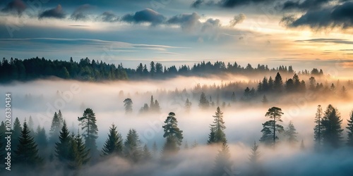Mysterious forest scenery with anomalous clouds in the sky