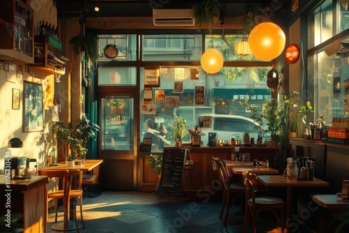 A cozy cafe interior with wooden tables and chairs, large windows, and hanging lights.