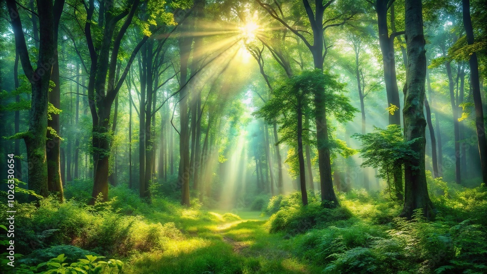 Mysterious forest with lush greenery and sunlight breaking through in impressionist art style perfect for art and nature enthusiasts panoramic Mysterious forest with lush greenery and sunlight breaking through in impressionist art style perfect for art and nature enthusiasts panoramic