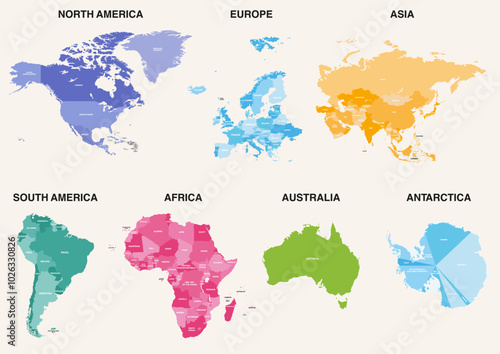 All world continents detailed political isolated colorful maps. Vector set