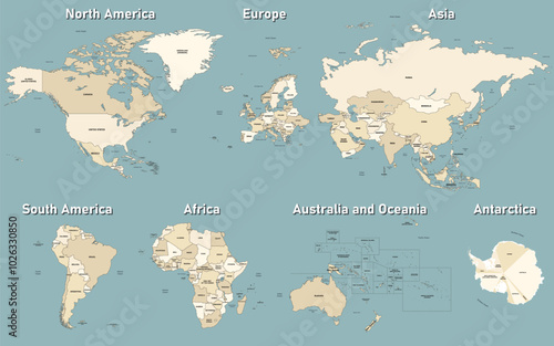 All world continents detailed political isolated maps in soft beige color palette. The continents are proportionate to each other. Vector set