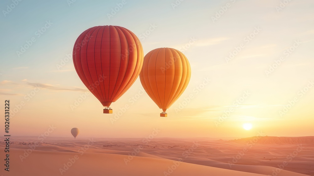 Obraz premium Hot air balloons floating over a desert landscape at dawn, capturing the beauty of a unique travel experience