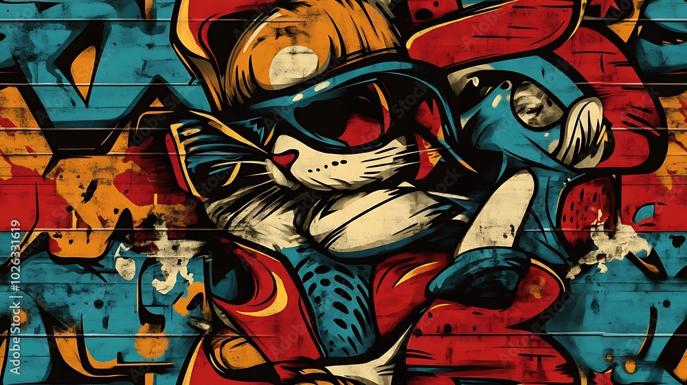 A seamless graffiti pattern blending urban animals like cats, dogs, and city birds with abstract shapes and dynamic brushstrokes, layered on a gritty wall, A seamless graffiti pattern blending urban animals like cats, dogs, and city birds with abstract shapes and dynamic brushstrokes, layered on a gritty wall,