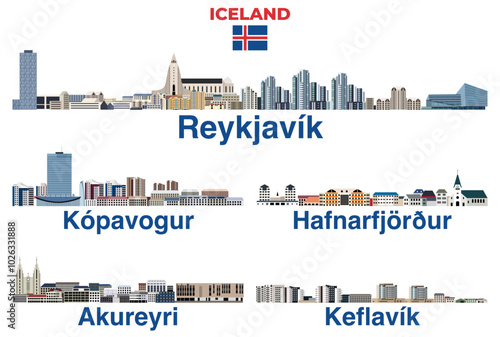 Iceland main cities skylines vector isolated illustrations set