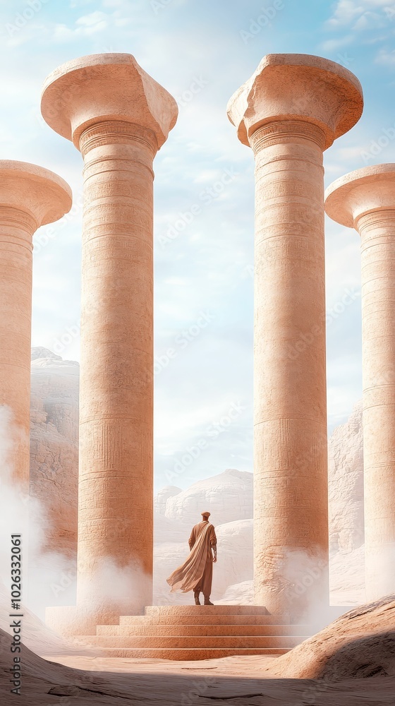 Fototapeta premium Explorer standing at the foot of a grand monument, reflecting the heritage of a lost civilization