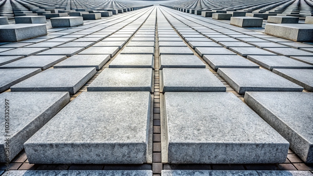 Paving with large long concrete slabs in symmetrical decreasing perspective with selective focusing and tilted angle Paving with large long concrete slabs in symmetrical decreasing perspective with selective focusing and tilted angle