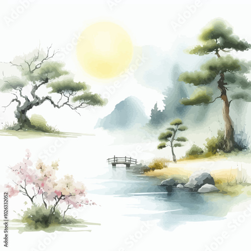 landscape with trees  snow and sun Vector Design