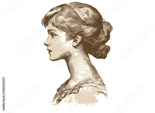 透明な背景にアンティークの女性のプロフィール分離 PNG ベクトル、ヴィンテージの女性のシルエット イラスト、レトロな女性の側面図のクリップアート、古典的な女性のプロフィール デザイン、アンティーク スタイルの女性のグラフィック、