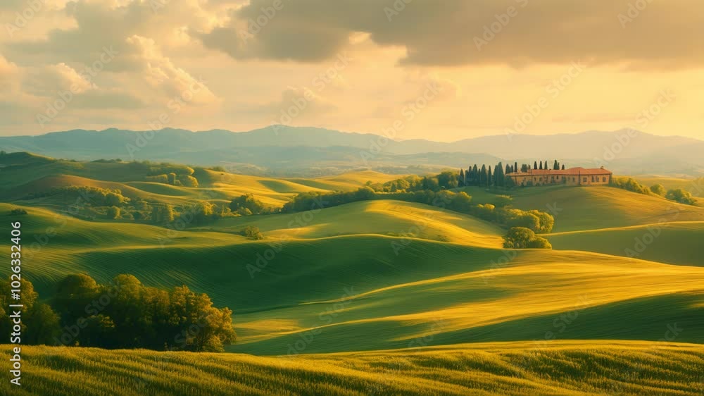 Serene landscape with rolling hills, a distant villa, and soft golden sunlight. Serene landscape with rolling hills, a distant villa, and soft golden sunlight.