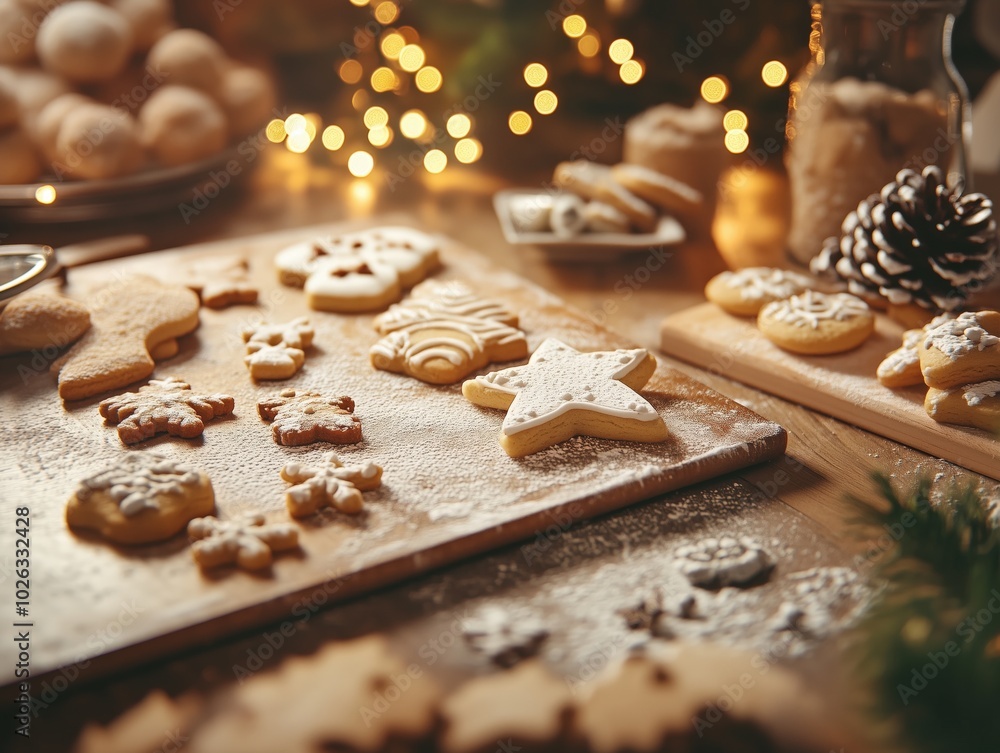 Angled closeup of the kitchen counter with christmas butter cookies in different shapes in preparation. White frosting and icing sugar. Warm lights. Xmas mood. Angled closeup of the kitchen counter with christmas butter cookies in different shapes in preparation. White frosting and icing sugar. Warm lights. Xmas mood.
