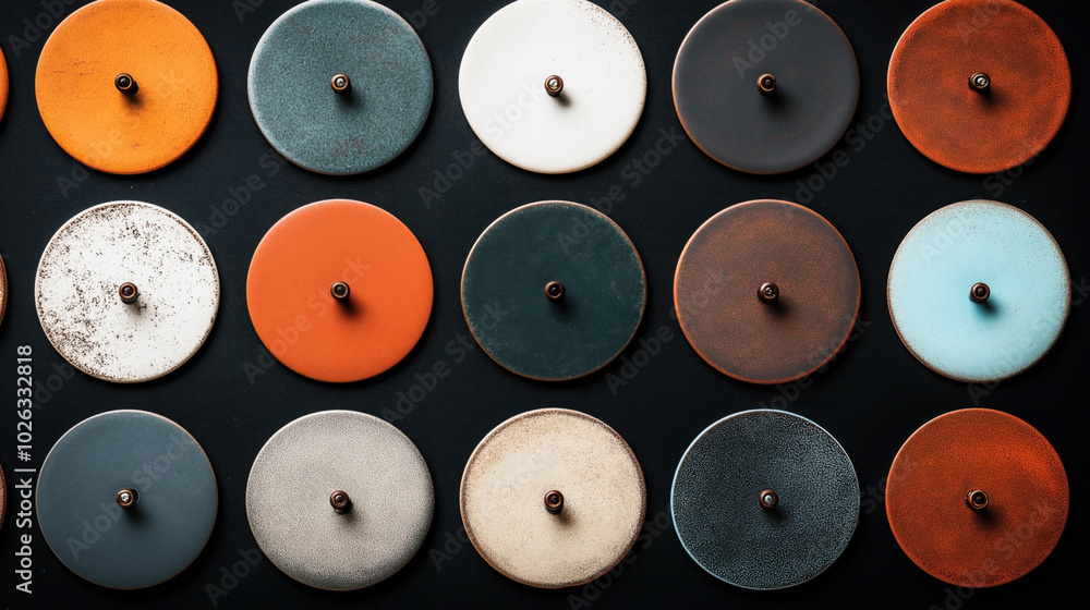 Fototapeta premium Abstract composition of colorful circular metal lids with central handles arranged in a grid pattern on a dark surface. Varied colors and textures create a striking visual effect.