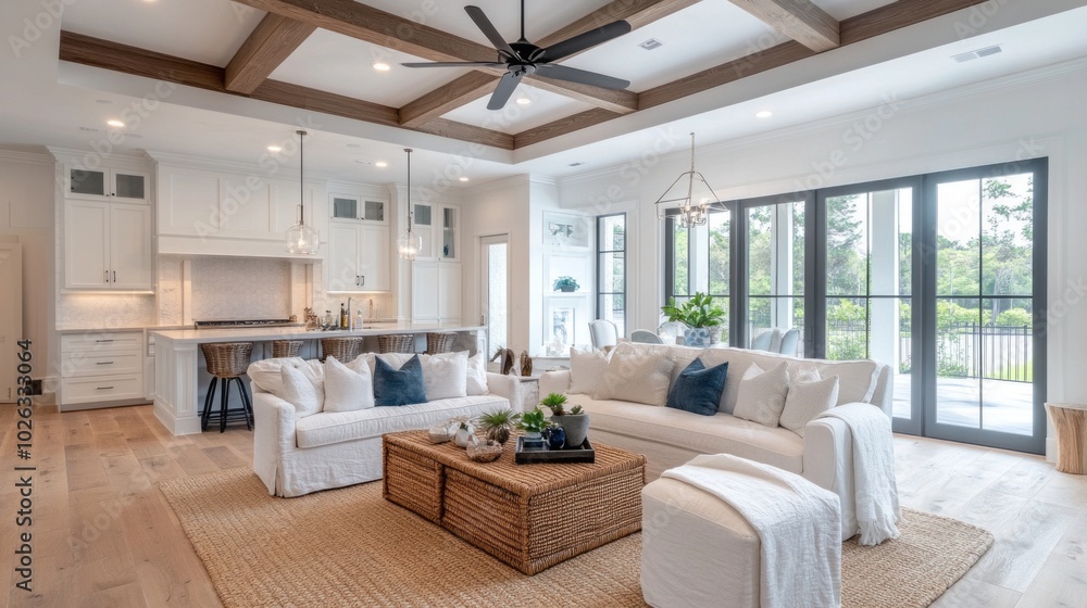 A large living room with a white kitchen and a black fan A large living room with a white kitchen and a black fan