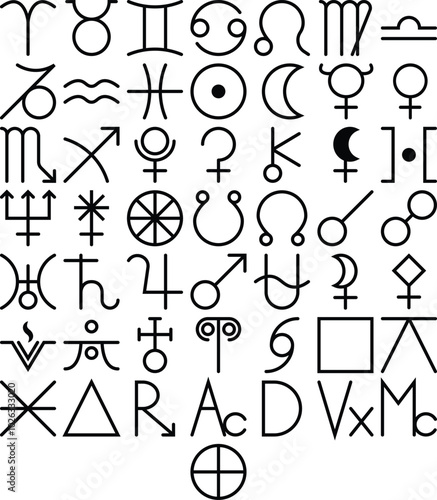 Astrology Symbol Set Collection. A set of astrology related symbols like leo, saggitarius, scorpio to sun, moon and planet symbols.