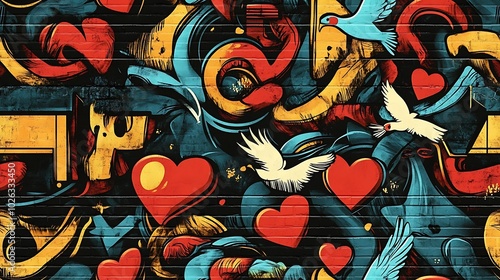 Wallpaper Mural Graffiti pattern featuring colorful hearts, peace signs, and doves, surrounded by bright neon accents and swirling brushstrokes, set against a gritty urban wall, Torontodigital.ca