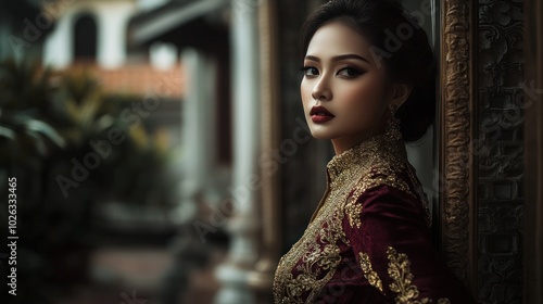 A young woman in a traditional Asian dress stands in a dimly lit room, her expression thoughtful and captivating.