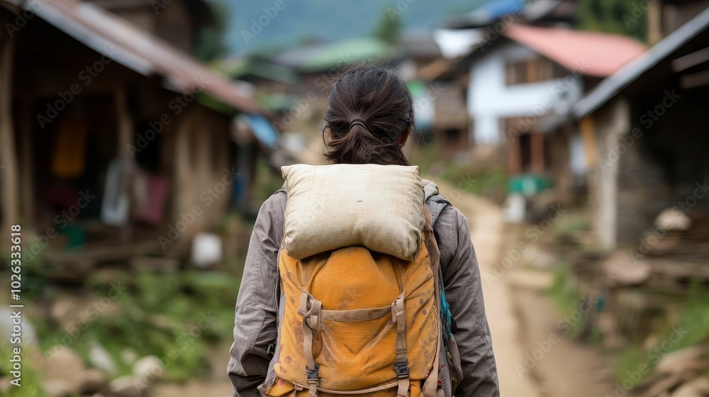 Fototapeta premium Adventurer trekking through a remote village, discovering hidden cultural gems off the beaten path