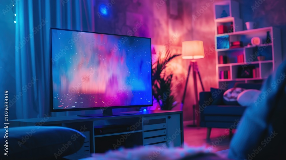 Modern Living Room with Colorful TV Display Modern Living Room with Colorful TV Display