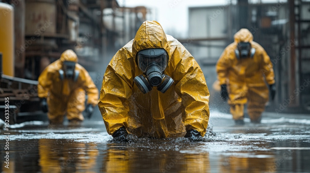 Three people in yellow protective gear are in a flooded area Three people in yellow protective gear are in a flooded area