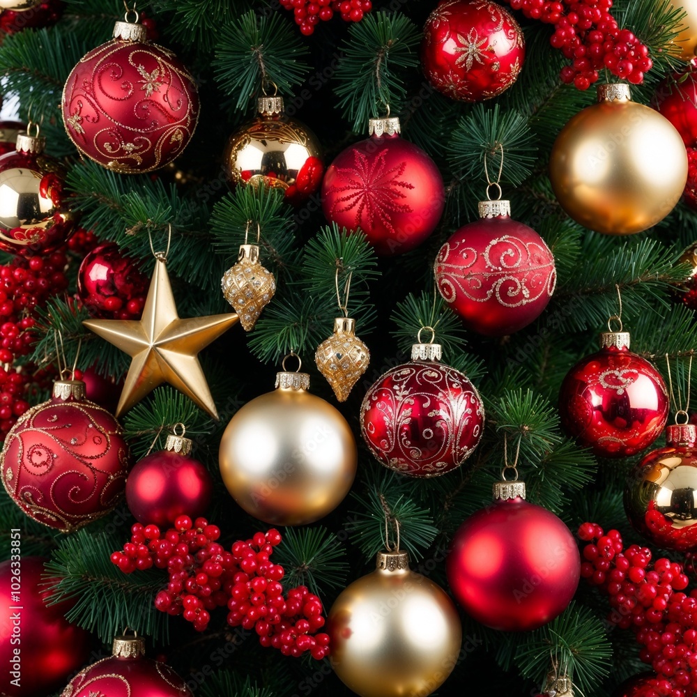 bright New Year background with fir branches decorated with New Year balls and golden stars bright New Year background with fir branches decorated with New Year balls and golden stars