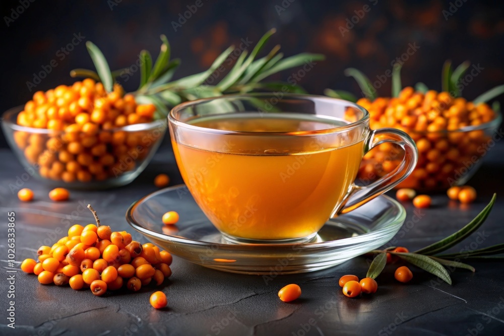 Sea buckthorn tea in transparent glass cup Sea buckthorn tea in transparent glass cup