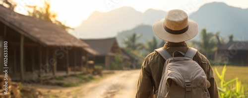 Adventurer trekking through a remote village, discovering hidden cultural gems off the beaten path