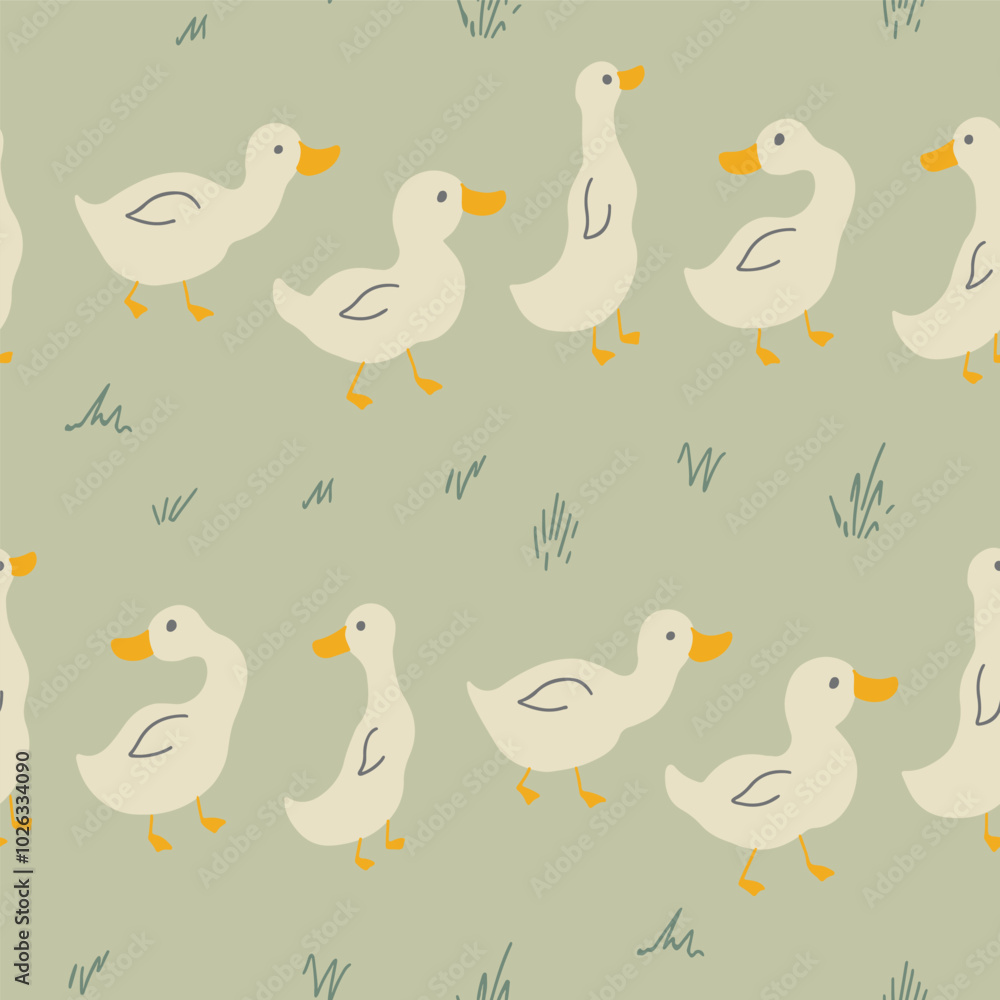 Obraz premium Cute Cartoon Duck Seamless Pattern, Vector Illustration Background