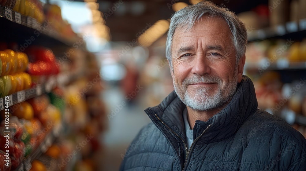 warm portrait of a mature supermarket manager with a gentle smile framed by grocery store shelves capturing the essence of customer service in a friendly approachable atmosphere warm portrait of a mature supermarket manager with a gentle smile framed by grocery store shelves capturing the essence of customer service in a friendly approachable atmosphere