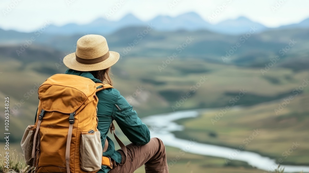 A hiker with a backpack resting on a hilltop, overlooking a valley with a river and distant villages, [travel landscape experience],