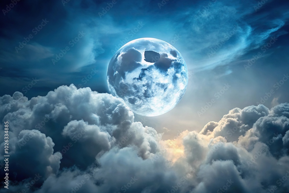 Fototapeta premium mystic glowing moon in cotton cloudy sky Close-Up