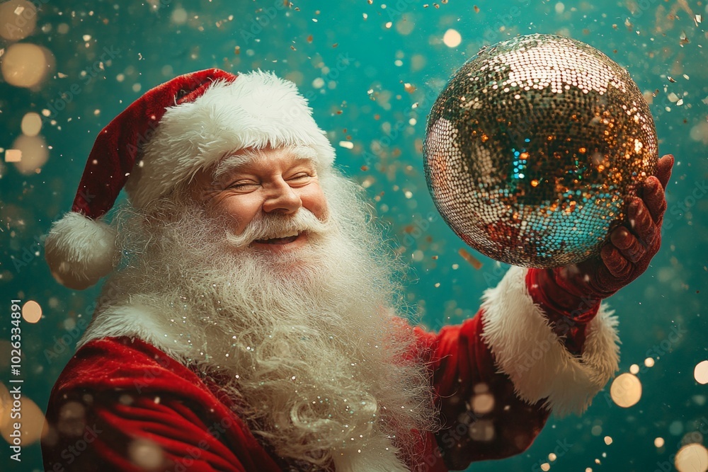 Creative photo collage illustration of positive satisfied santa claus dancing have fun arm hold disco ball on green color background