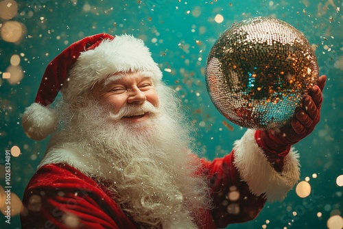 Obraz na płótnie Creative photo collage illustration of positive satisfied santa claus dancing have fun arm hold disco ball on green color background w salonie