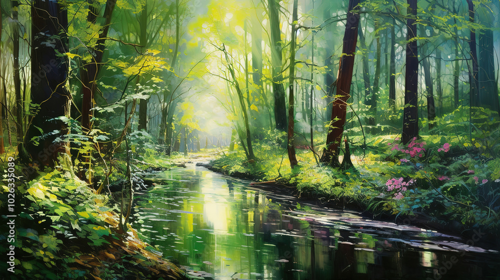 Obraz premium Magical Green Forest Sunlight Filtering Through Vibrant Foliage