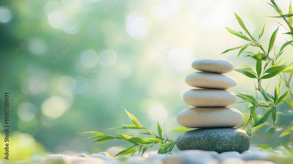 Stacked Stones and Bamboo Branch in a Tranquil Setting Stacked Stones and Bamboo Branch in a Tranquil Setting