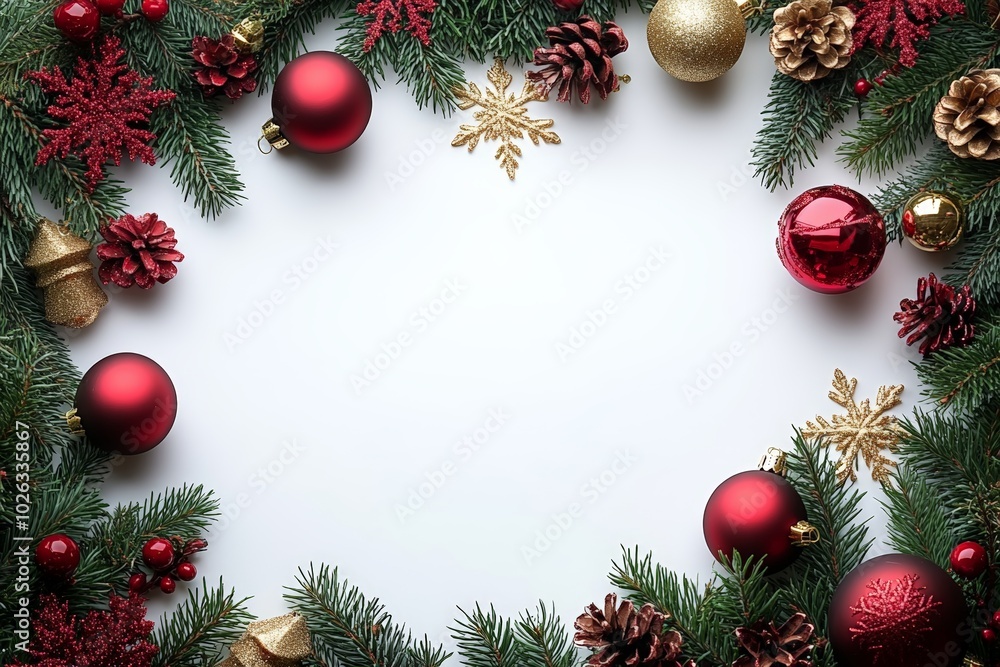 Christmas frame of spruce, red gold Christmas decorations on white background. Copy space. New Year lights. Flat lay Christmas frame of spruce, red gold Christmas decorations on white background. Copy space. New Year lights. Flat lay