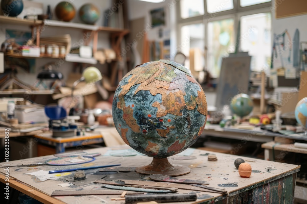 Artistic globe in creative studio environment Artistic globe in creative studio environment