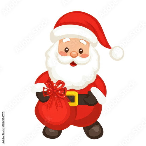 Adorable cartoon Santa Claus holding a red gift bag, perfect for holiday-themed illustrations, Christmas cards, and festive designs.