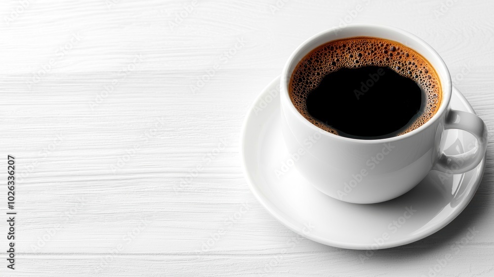Obraz premium A white coffee cup with a black liquid in it sits on a wooden table