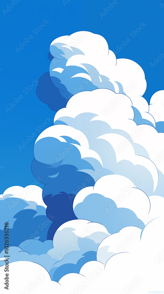 Hand drawn cartoon flat blue sky and white clouds illustration background