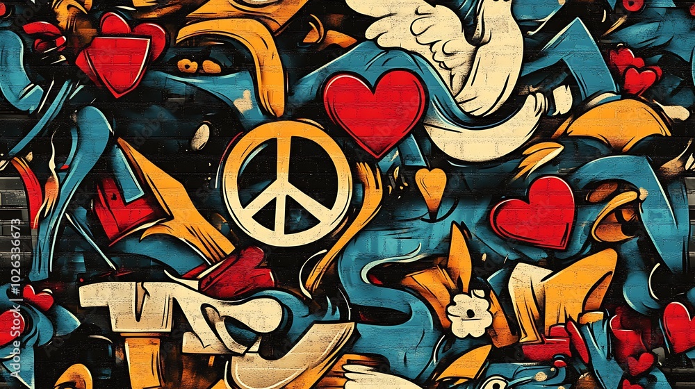 Obraz premium Graffiti pattern with bright hearts, peace symbols, and glowing doves, intertwined with vibrant neon colors and floral motifs, layered on a textured urban wall,