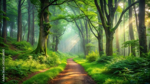 Mystical forest pathway in the morning mist, serene green nature reflected on the water surface