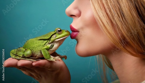 Woman puts her lips to a frog looking for the right partner for life  photo